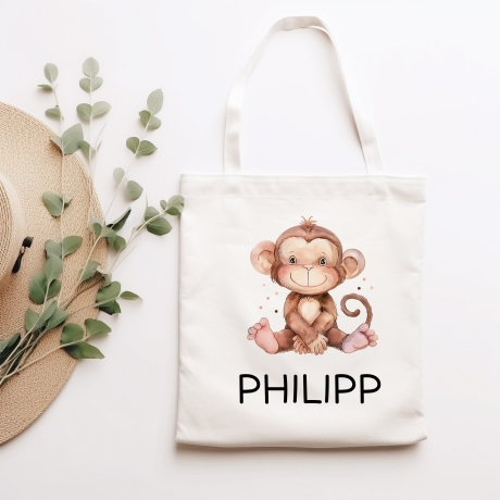 Personalisierter Turnbeutel mit einem Affe | mit Wunschnamen | Tierkinder | Rucksack für Schule, Kindergarten, KITA und KIGA - Wäschebeutel