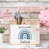 Einschulung - Personalisierte Jute Pocket Tasche | mit Wunschnamen | Schulkind Regenbogen Herz | Blau | als Geschenktasche für Schulanfang