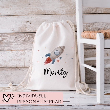 Kinder-Beutel mit Namen personalisiert Personalisierter Turnbeutel | Rakete Weltraum .Rucksack für als Sportbeutel für Schule, Kindergarten