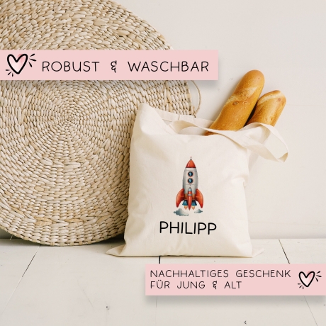 Stofftasche Rakete Personalisiert - Einkaufstasche Kinder-Beutel mit Namen als Sporttasche, Tragetasche Wechselwäsche für Kita Schule - 05