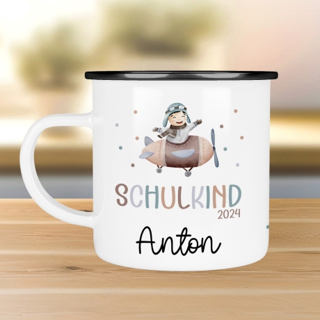 Schulanfang  Kindertasse Schulkind - personalisiertes Emaille- Einschulung mit Namen, Fuchs, Bär, Flugzeug, Fee Ballerina Bagger