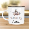 Schulanfang  Kindertasse Schulkind - personalisiertes Emaille- Einschulung mit Namen, Fuchs, Bär, Flugzeug, Fee Ballerina Bagger