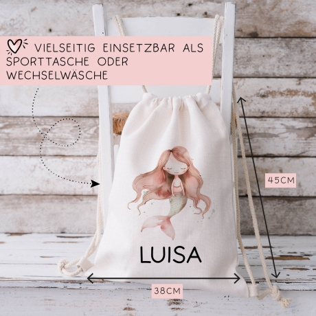 Meerjungfrau Turnbeutel Personalisiert | Nixe mit Wunschnamen Rucksack Schule, Kindergarten, KITA, Wäschebeutel, Sportbeutel, Wechselwäsche