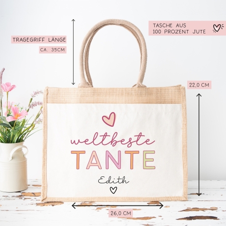 Weltbeste Tante Tasche Stoffbeutel - mit Wunschname - Einkaufstasche - Tolle Geschenkidee für mit Namen zum Geburtstag Personalisiert