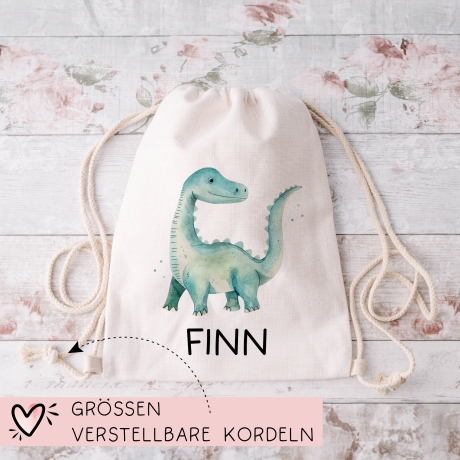 Personalisierter Turnbeutel Dino Dinosaurier Brontosaurus mit Wunschnamen | Rucksack Schule, Kindergarten, KITA, Wäschebeutel, Sportbeutel
