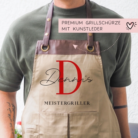 Premium Grillschürze personalisiert für Männer mit Kunstleder Applikation zum 60. Geburtstag -Baumwollschürze, Küchenschürze, Eigenen Namen