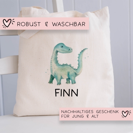 Stoffbeutel Dinosaurier Dino Stofftasche Brontosaurus Tasche personalisiert Kinder-Beutel als Sporttasche, Wechselwäsche, Kita & Schule