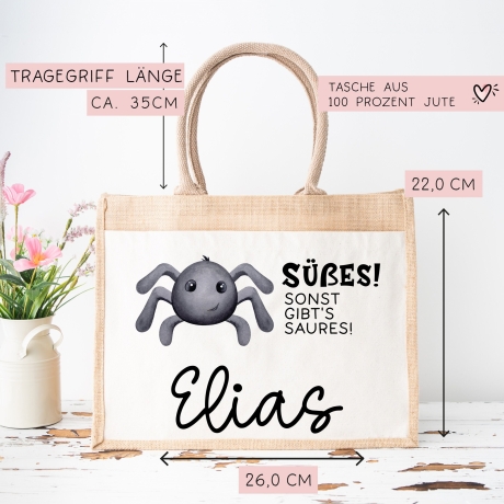 Stofftasche Halloween mit Namen | Pocket Tasche | Wunschnamen | Süßes oder Saures | Jute | Tragetasche für Kinder für Süßigkeiten | Spinne