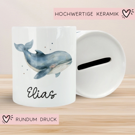 Personalisierte Kinder Spardose Wal Tier mit Namen optional mit Datum - Blau - Geschenk für Junge & Mädchen zum Geburtstag Weihnachten