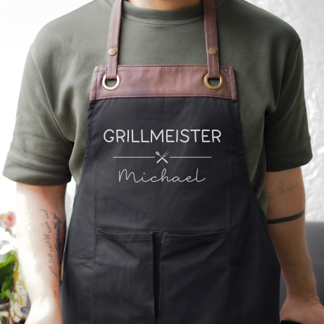 Grillschürze personalisiert für Männer mit Name Kunstleder Applikation zum Geburtstag - Geschenk Weihnachten Baumwollschürze, Küchenschürze