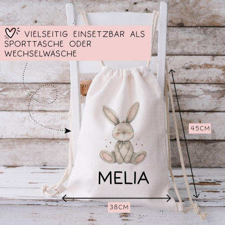Personalisierter Turnbeutel mit einem Hasen | mit Wunschnamen | Tierkinder | Rucksack für Schule, Kindergarten, KITA und KIGA Wäschebeutel