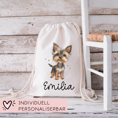 Personalisierter Turnbeutel Hund Yorkshire Terrier Wunschnamen für Schule - Kindergarten, KITA - als Wäschebeutel, Sportbeutel - Weihnachten