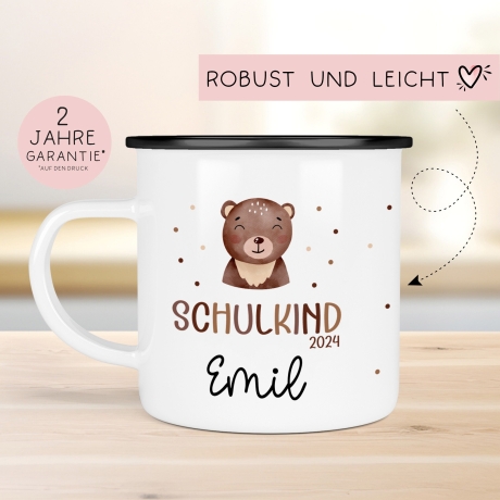 Schulanfang Schulkind 2024 Emaille-Tasse - personalisierte Kindertasse mit Namen und Bär-Motiv - perfektes Einschulungsgeschenk