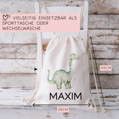 Turnbeutel Brontosaurus Dino Dinosaurier Personalisiert mit Wunschnamen | Rucksack Schule, Kindergarten, KITA, Wäschebeutel, Sportbeutel