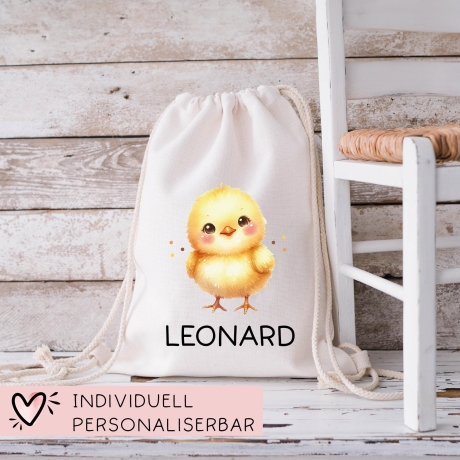 Personalisierter Turnbeutel Küken Wunschnamen | Rucksack für Schule, Kindergarten, KITA , KIGA - als Wäschebeutel, Sportbeutel l Weihnachten