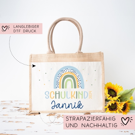 Schulkind 2024 Tasche , Regenbogen Blau Schultasche, Geschenk Einschulung, Schultüte, personalisierte Jutetasche, Einschulungsgeschenk Jungs