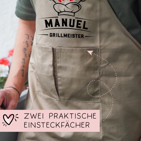 Grillschürze Kochmütze personalisiert für Männer mit Name Kunstleder Applikation zum Geburtstag - Weihnachten Baumwollschürze, Küchenschürze