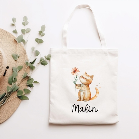 Personalisierte Stofftasche Katze Name - Kinder Beutel Kindertasche mit Wunschname - Wechselwäsche - Wechselkleidung - Tragetasche - Mietze