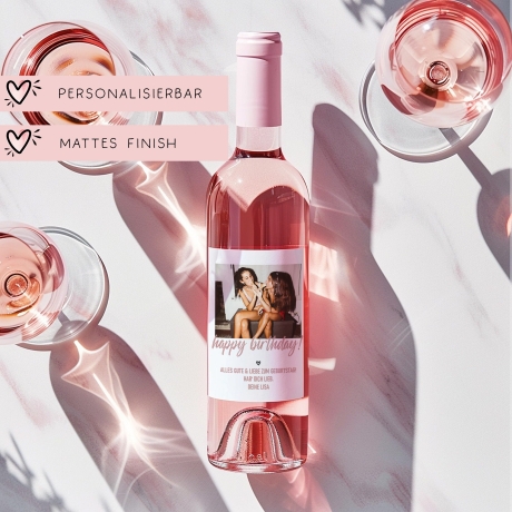 Personalisiertes Weinetikett Happy Birthday, Geburtstags-Flaschenetikett mit Foto & Namen,  ideales Geschenk mit Foto - rosa