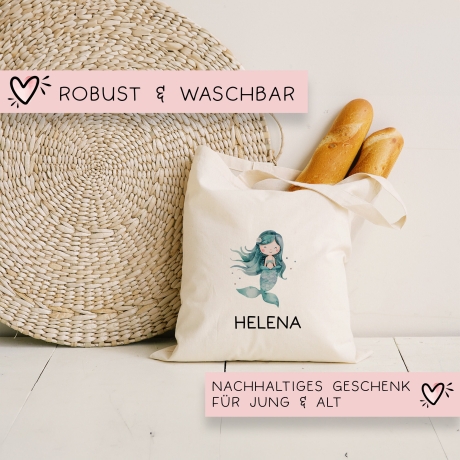 Stofftasche Meerjungfrau Personalisiert mit Wunschnamen Kinder-Beutel für Schule, Kindergarten,  Wäschebeutel, Sportbeutel, Wechselwäsche