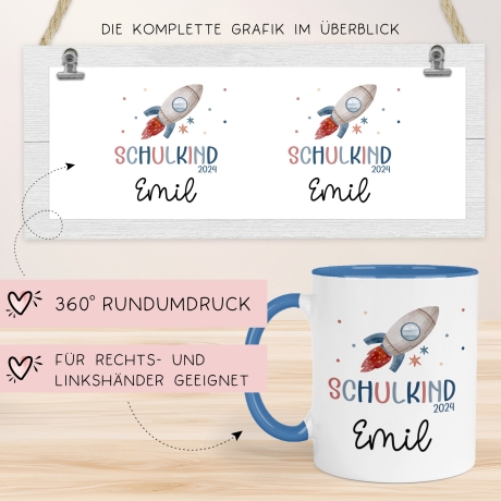 Schulkind 2024 Rakete Tasse Personalisiert mit Wunschnamen Kindertasse mit Namen zur Einschulung