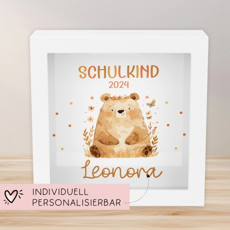 Spardose zur Einschulung Bär Schulkind 2024 mit Wunschname Name Kind personalisiert Kinder Geburtstagsgeschenk mit Wunschtext