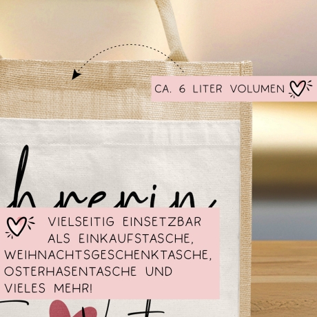 Lehrerin mit Herz Tasche mit Namen 14 Liter - kleines Geschenk - Dankeschön Juteasche Abschiedsgeschenk - Beste Lehrerin mit Wunschtext