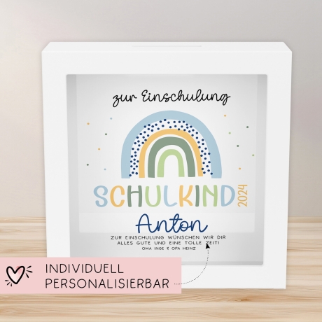 Spardose Regenbogen Blau Boho Schulkind 2024 Einschulung mit Wunschname Name Kind personalisiert Kinder mit optionalen Wunschtext