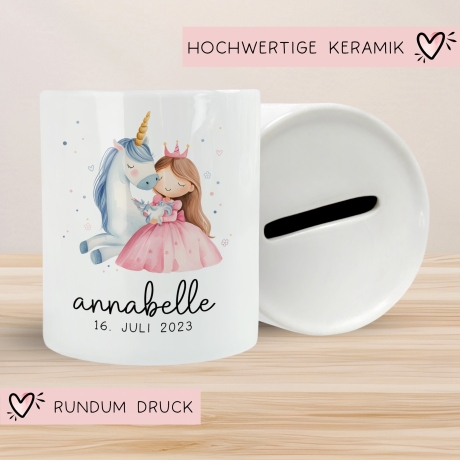 Spardose Einhorn & Prinzessin Blau Name Personalisiert für Mädchen zum Geburtstag, Taufe Kommunion Firmung Konfirmation, Weihnachten