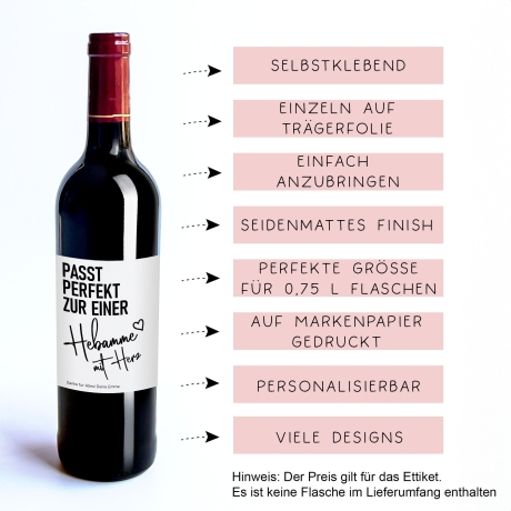 Personalisiertes Weinetikett Hebamme mit Herz Flaschenetikett Geschenk - Schwangerschaft - Geburt Geschenk - Name - Dankeschön - Etikett