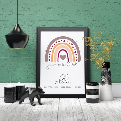 Personalisiertes Poster Geburtsposter in DIN A4 mit Regenbogen, Wunschname, Kinderzimmer Poster Name, Geschenk Baby, Geschenk zur Geburt