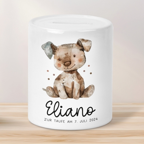 Personalisierte Kinder Spardose Hund Tier mit Namen optional mit Datum - Braun - Geschenk für Junge & Mädchen zum Geburtstag Weihnachten