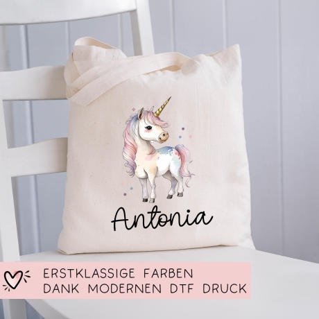Stofftasche Beutel Namen Einhorn - Personalisierte Kinder Beutel Kindertasche - Wechselwäsche, Schmutzwäsche Tragetasche - Wechselkleidung