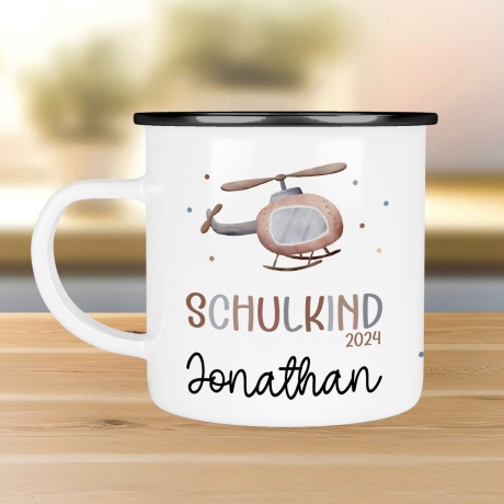 Schulanfang Kindertasse Schulkind 2024 Einschulung Name Emaille Tasse Kind personalisiert Kinder Hubschrauber LKW Rakete Regenbogen Bär Ufo