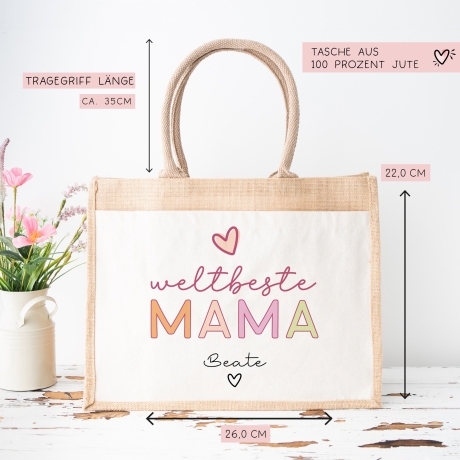 Weltbeste Mama Tasche Stoffbeutel - mit Wunschname - Einkaufstasche - Geschenkidee für deine Mutter zum Geburtstag Muttertag Personalisiert