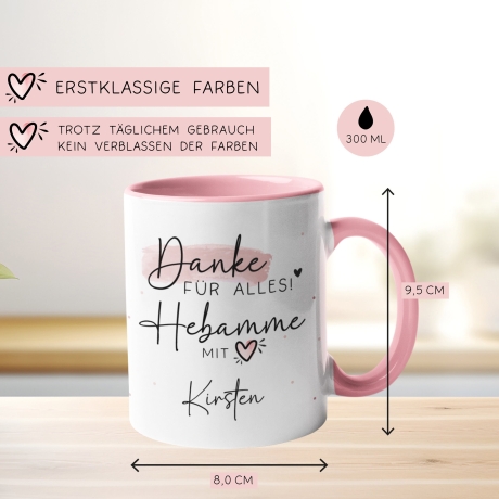 Personalisierte Tasse Hebamme mit Herz - Geschenkidee mit Wunschnamen - Danke für Alles! Geschenk - Hebamme Dankeschön - Schwangerschaft