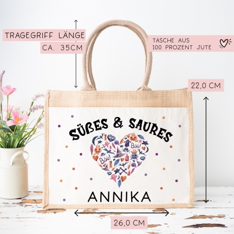 Halloween Stofftasche mit Namen | Süßes oder Saures | Wunschnamen | Candy Bag Jute | Tragetasche für Kinder für Süßigkeiten | Pocket Tasche