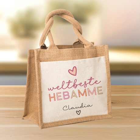 Weltbeste Hebamme Tasche Stoffbeutel - mit Wunschname - Einkaufstasche - Geschenkidee für Geburtsbegleiterin zum Geburtstag - Personalisiert