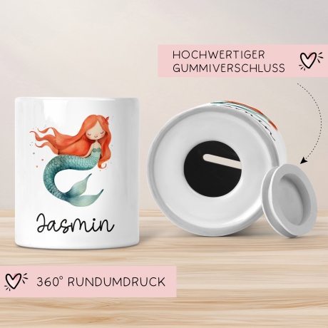 Meerjungfrau Spardose Personalisiert mit Name oder Wunschnamen für Mädchen aus Keramik. Geschenk Taufe, Geburtstag od. Weihnachten