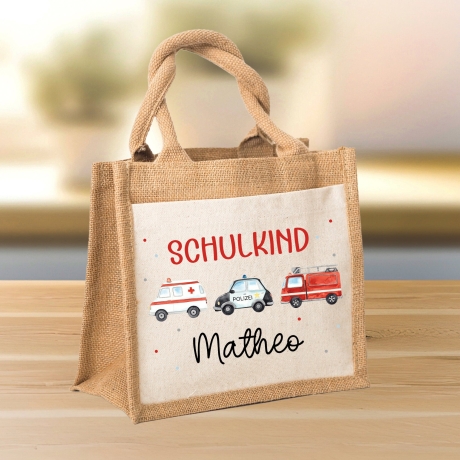 RTW Polizeiwagen Feuerwehr Krankenwagen Schulkind Tasche Wunschnamen | 100% Jute | Geschenk Einschulung | Schultüte personalisiert | Schule