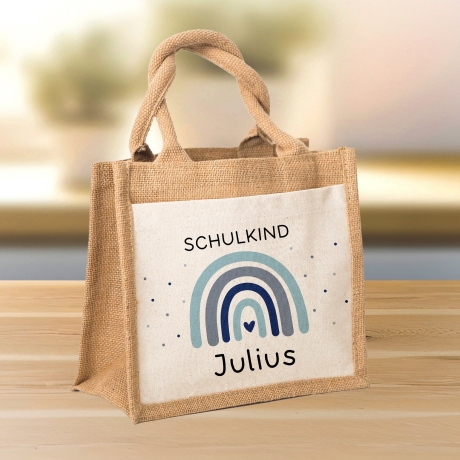 Einschulung - Personalisierte Jute Pocket Tasche | mit Wunschnamen | Schulkind Regenbogen Herz | Blau | als Geschenktasche für Schulanfang