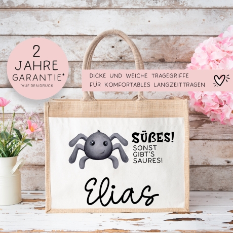 Stofftasche Halloween mit Namen | Pocket Tasche | Wunschnamen | Süßes oder Saures | Jute | Tragetasche für Kinder für Süßigkeiten | Spinne