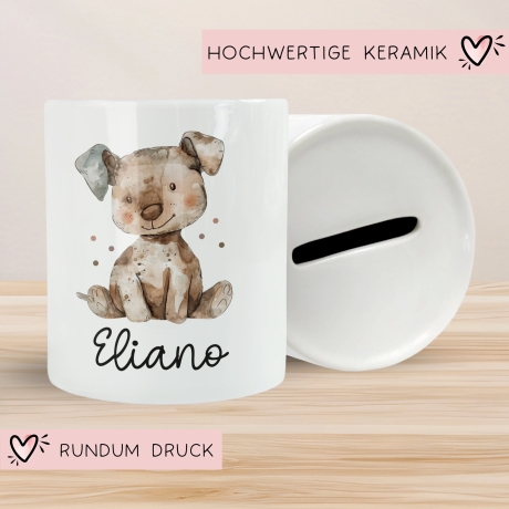 Personalisierte Kinder Spardose Hund Tier mit Namen optional mit Datum - Braun - Geschenk für Junge & Mädchen zum Geburtstag Weihnachten