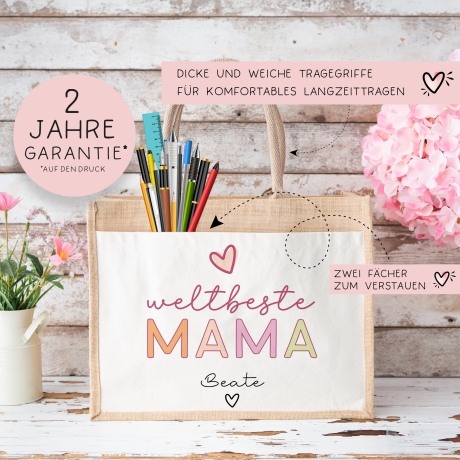 Weltbeste Mama Tasche Stoffbeutel - mit Wunschname - Einkaufstasche - Geschenkidee für deine Mutter zum Geburtstag Muttertag Personalisiert