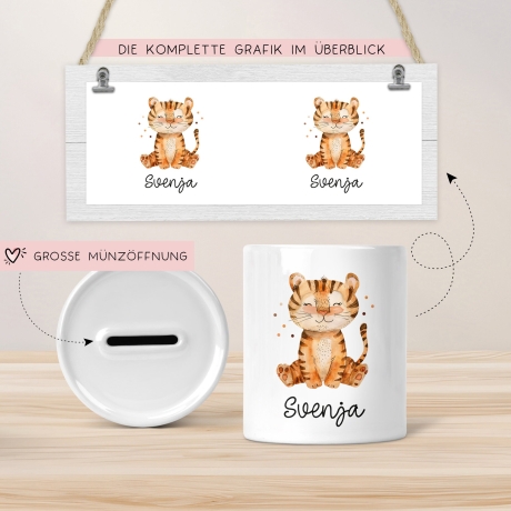Personalisierte Kinder Spardose Tiger Tier mit Namen optional mit Datum - Gelb - Geschenk für Junge & Mädchen zum Geburtstag Weihnachten