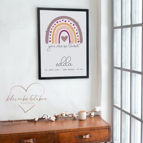 Personalisiertes Poster Geburtsposter in DIN A4 mit Regenbogen, Wunschname, Kinderzimmer Poster Name, Geschenk Baby, Geschenk zur Geburt