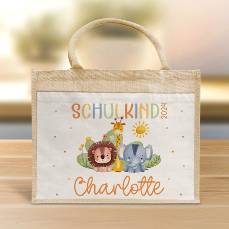 Schulkind 2024 Tasche, Zoo, Löwe Giraffe, Elefant, Schultasche, Geschenk Einschulung, personalisierte Jutetasche, Einschulungsgeschenk