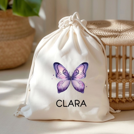 Schmetterling Lila Stofftasche Personalisiert und Namen. Für Schule und Kindergarten - Wäschebeutel Wechselwäsche Sport | Mädchen & Junge