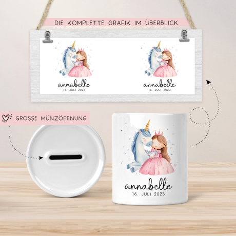 Spardose Einhorn & Prinzessin Blau Name Personalisiert für Mädchen zum Geburtstag, Taufe Kommunion Firmung Konfirmation, Weihnachten