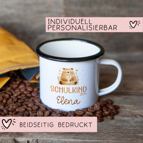 Schulanfang  Kindertasse Schulkind mit Bär-Motiv - personalisierte Emaille-Tasse mit Namen - ideales Einschulungsgeschenk